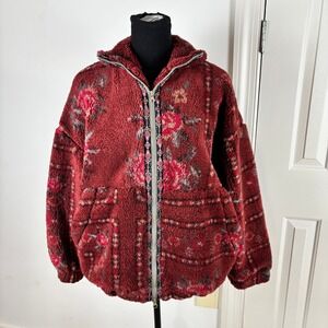 BDG Urban Outfitters Red Floral Tapestry Teddy Fleece Zip Jacket Size XS New